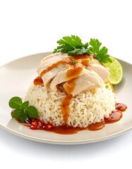 Chicken and rice dish, topped with sauce