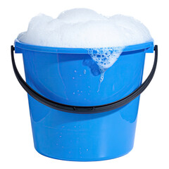 A blue bucket overflows with white foamy bubbles against a stark black background