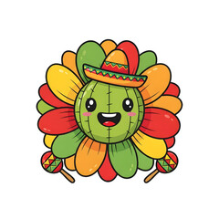 Obraz premium Cartoon sunflower wearing a hat holding maracas. Festive design with colorful petals in red green and yellow. Cheerful character isolated on a transparent background celebrating culture.