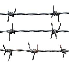 Close-up of several strands of barbed wire against a stark black background