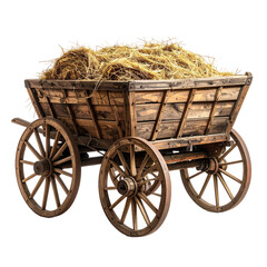 Wooden cart filled with golden hay, wheels shown, set against a transparent background