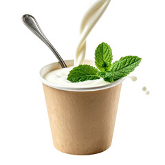Creamy yogurt in a paper cup with milk pouring over, fresh mint, and a spoon
