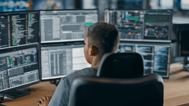 IT system admin remotely monitoring multiple screens for seamless IT infrastructure performance and realtime issue detection in modern workspace.