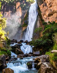 Majestic waterfall cascading down rocky cliffs