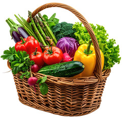 A woven basket overflowing with fresh, vibrant vegetables of various colors and types