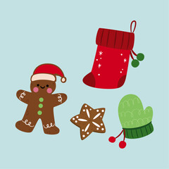 Christmas Holiday Icons Gingerbread Man, Stocking, Star Cookie, and Mittens on a Blue Background