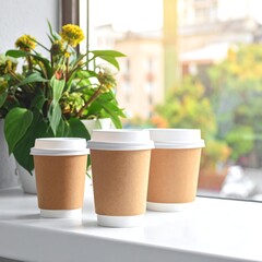 Three disposable coffee cups, various sizes, on a windowsill, with flowers in the foreground.  A blurred city view outside