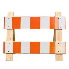 Wooden road barrier with alternating orange and white stripes, against a black background