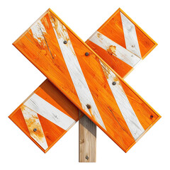 Weathered, wooden railroad crossing sign with orange and white stripes against a black backdrop