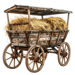 A rustic, wooden cart overflowing with hay, sheltered by a weathered roof