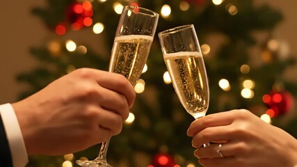 Romantic couple celebrating Christmas or New Year with a champagne toast and sparkling lights in the background