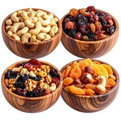 Four wooden bowls filled with assorted nuts and dried fruits, a healthy and colorful snack