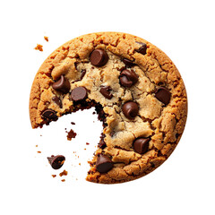 Overhead view of a partially eaten, round, chocolate chip cookie isolated on black