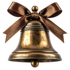 A vintage, ornate bronze bell with a satin ribbon bow, isolated on a black background