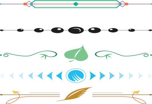 Set of colorful vector rule lines and page separators featuring nature, geometric, and abstract design motifs isolated on a white background