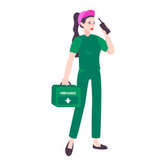 Female healthcare professional with medical kit and communication device, professional illustration