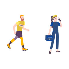 Illustration of a male runner and a female paramedic on a white background