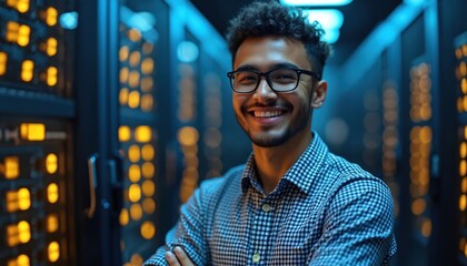 Young hispanic IT specialist smiles in data center near server racks glowing with blue and orange lights. He wears glasses and a checkered shirt, arms crossed, looking at camera.