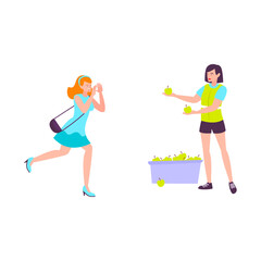 Woman photographing a person selecting fresh green apples from a large tub outdoors