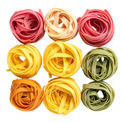 Nine vibrant nests of various colored pasta, arranged in a 3x3 grid, isolated on black
