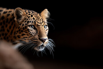 Naklejka premium wildlife photography, detailed fur, piercing eyes, and natural lighting enhance this stunning, high-resolution cinematic wildlife of a leopard