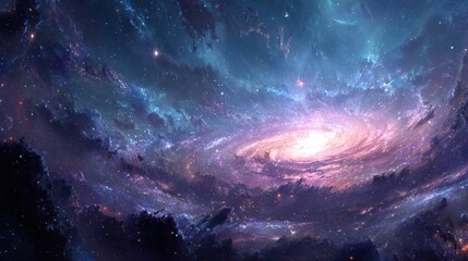 Fototapeta premium A beautiful, starry night sky with a spiral galaxy in the center. The galaxy is surrounded by clouds and stars, creating a sense of wonder and awe. The image evokes a feeling of vastness and mystery