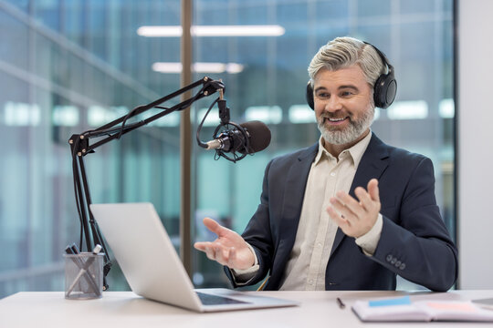 Mature man hosting podcast or online radio show
