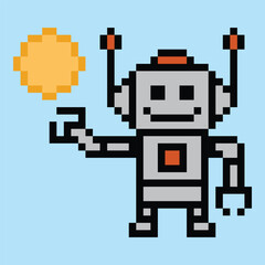 Fototapeta premium Cartoon pixel art of Humanoid robot or ai learning skill robotic chat bot robots business vector character automation background 8 bit cute decoration.