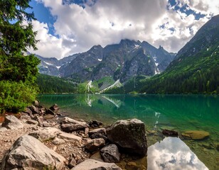 A serene alpine lake nestled amongst majestic mountains under a partly cloudy sky.  Tranquil waters mirror the peaks, reflecting the light and shadow.  Rocky shoreline edged with lush green forest