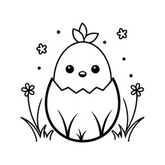 Baby chick hatching from an egg with grass coloring book vector