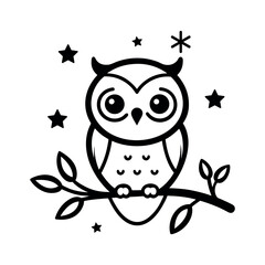 Adorable baby owl sitting on a tree branch with stars coloring book vector