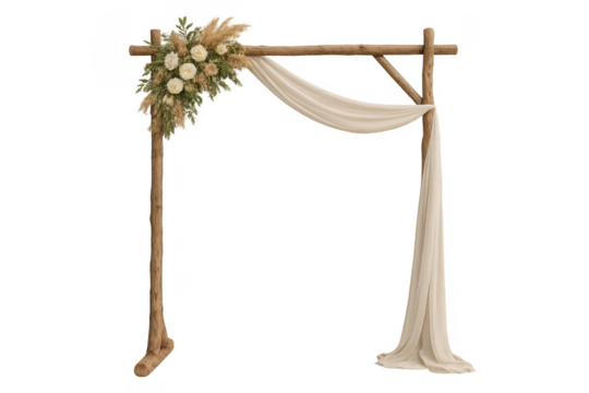 Rustic wooden wedding arch with flowers and flowing fabric