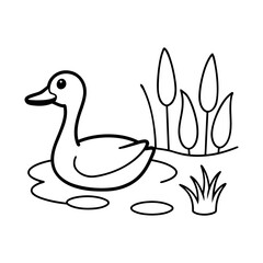 Duck swimming in a pond with lily pads and reeds coloring page vector