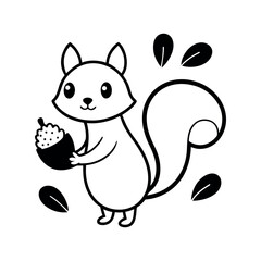 Squirrel holding an acorn with leaves and tree coloring book vector