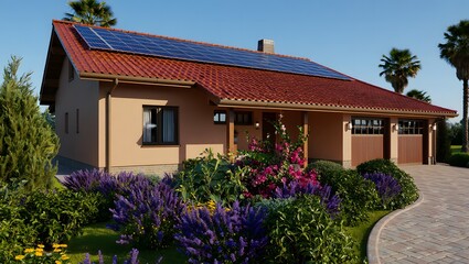 Fototapeta premium Suburban home with solar panels and colorful garden in front