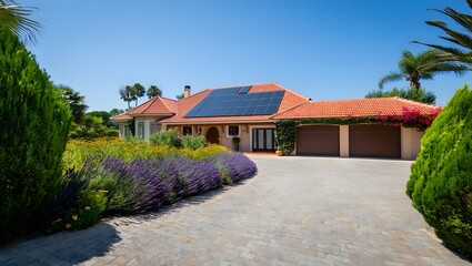 Modern suburban house with solar panels and lush landscaping on a sunny day