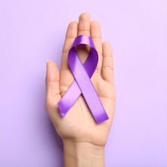A light purple ribbon held in a hand against a lavender background
