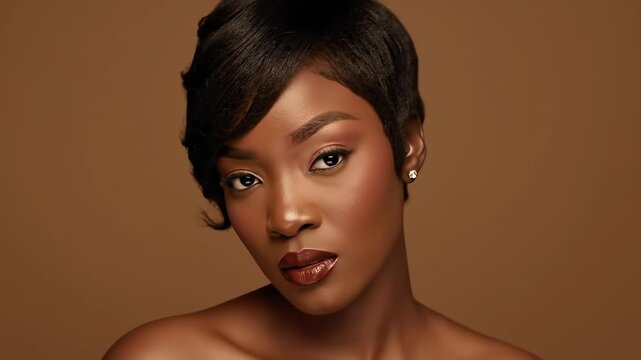 Close up portrait of a glamorous African woman with short hair and flawless skin posing against a brown background