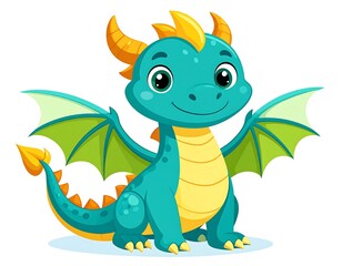 Cute teal dragon with outstretched wings.  Smiling, cartoon dragon with large eyes, light teal body, green wings, yellow horns and tail.  Vibrant colors on a white background