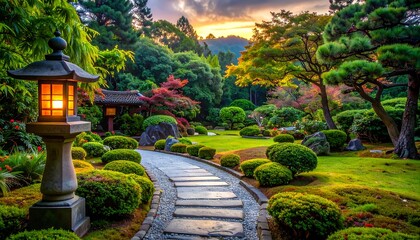 Serene Japanese garden path at sunset.  Stone path winds through lush greenery, lit by lantern