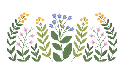 Seamless Wildflower Botanical Pattern – Flat Vector Floral Leaves & Berries on White, Minimal Clean Design