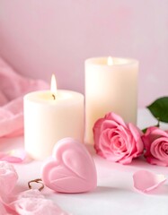 Pink heart-shaped soap and candles on a soft backdrop