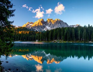 Morning alpine lake and mountain peak reflecting in the water
