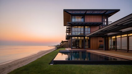 Fototapeta premium Modern beachfront villa with infinity pool at sunset