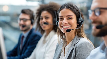 A group of people are smiling and wearing headsets, likely working in a call center. The woman in the center is wearing a headset and smiling, while the other people are also wearing headsets