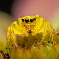 Close-up of a bright yellow jumping spider on a textured plant