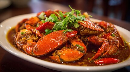 A plate of food with a lot of meat and vegetables. The plate is white and the food is brown