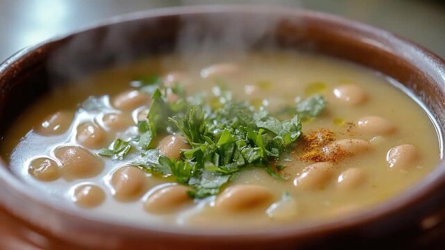 A bowl of warm and comforting soup made with beans and herbs, perfect for a cozy meal or as a nutritious snack