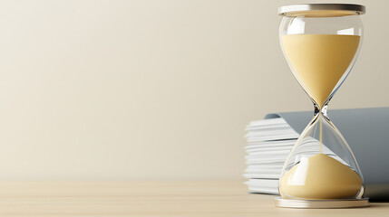 Hourglass with documents symbolizes time pressure, deadlines. Running out of time. Time is passing. Time management, efficiency, productivity. Copy space.