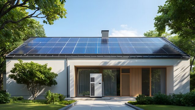Modern house with solar panels on the roof surrounded by lush greenery